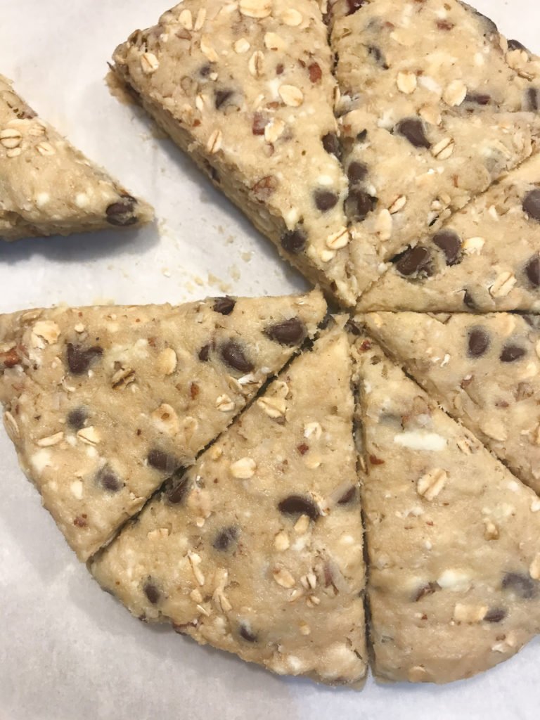 cowboy cookie scones with coconut, pecans, chocolate and oatmeal