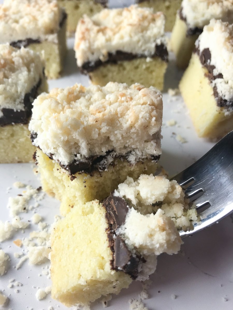 chocolate coconut crumb cake recipe with vegan option
