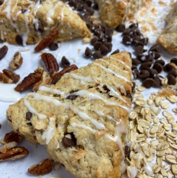 cowboy cookie scones with coconut, pecans, chocolate and oatmeal