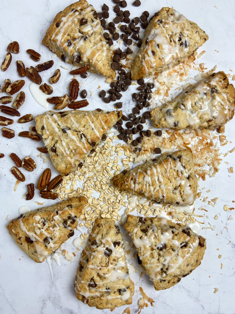 cowboy cookie scones with coconut, pecans, chocolate and oatmeal