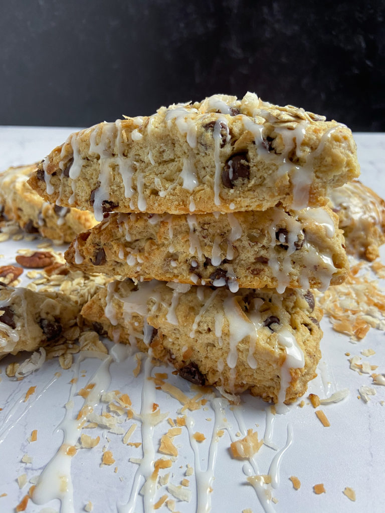 cowboy cookie scones with coconut, pecans, chocolate and oatmeal