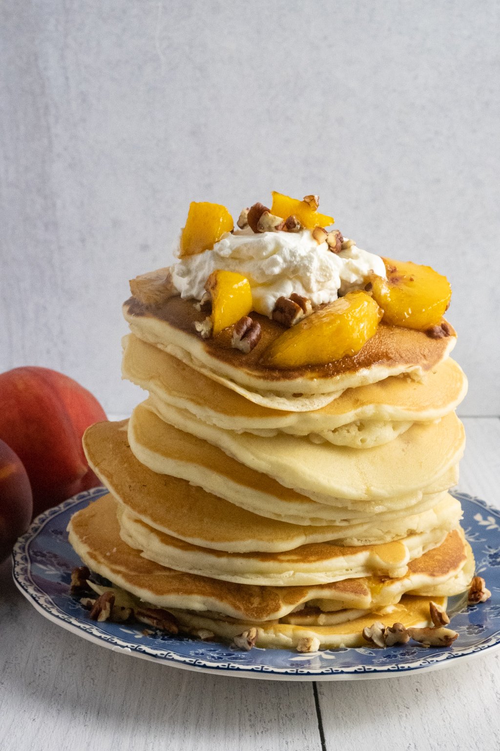 peach pancakes with bourbon pecan syrup