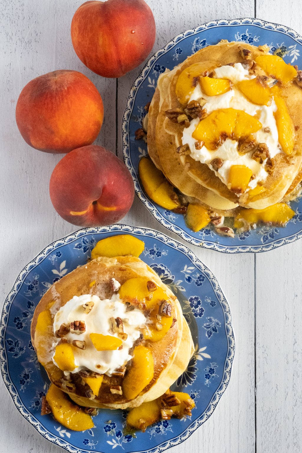 peach pancakes with bourbon pecan syrup