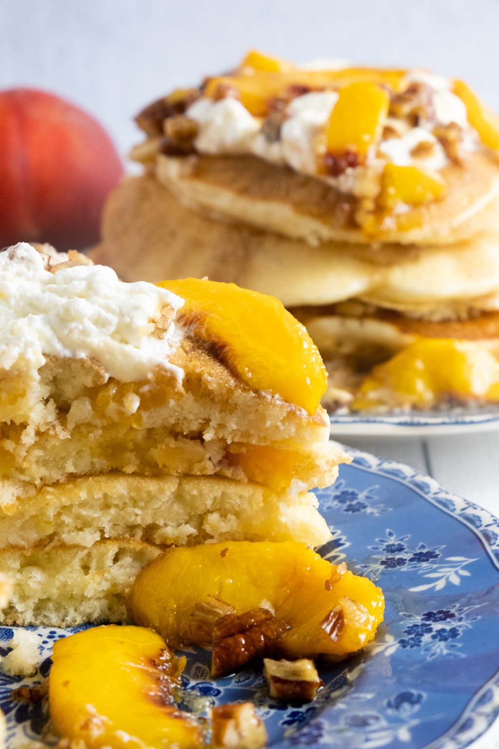 peach pancakes with bourbon pecan syrup