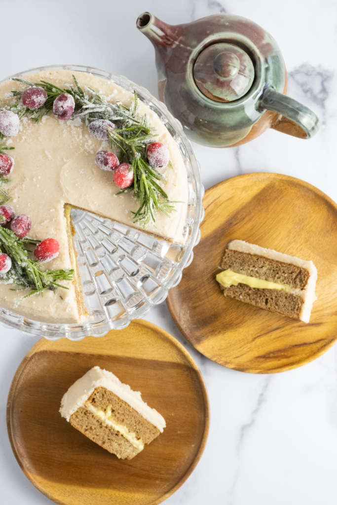 chai layer cake with orange curd and cinnamon buttercream frosting